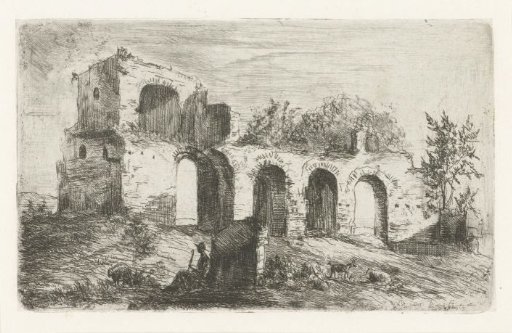 Southern landscape with a ruin and a shepherd with cattle