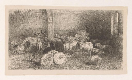 Stable Interior with Sheep, Goats and Chickens