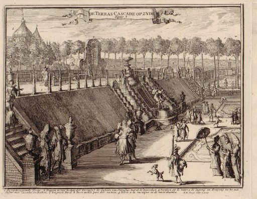 View (from the side) of a terrace waterfall in the park of Palace Het Loo