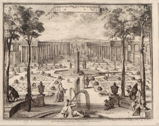 View of two columned galleries in the park of Palace Het Loo