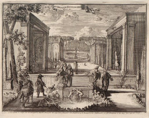 View of some fountains and classical buildings in the park of Palace Het Loo