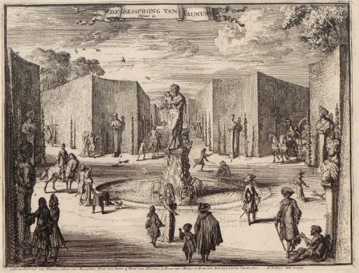 View of a fountain where six avenues converge in the park of Palace Het Loo