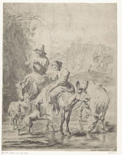 Shepherdess on a donkey and shepherd on horseback fording a brook