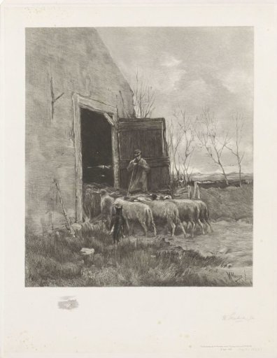 Shepherd with a flock of sheep by a barn