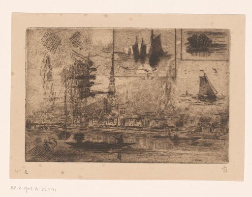 View of Dinant and seascapes with sailing ships