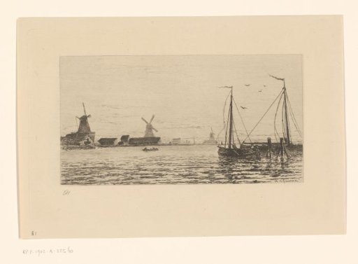 View of Zaandam with boats and mills