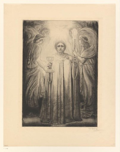 Titurel surrounded by angels, holding the Holy Grail in one hand and a lance in the other