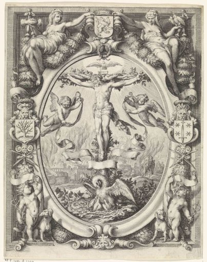Coat of arms of the rhetoricians' chamber De Pellicaen in Haarlem, with the Crucifixion in an allegorical frame