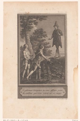 Man on a stone addresses two travelers