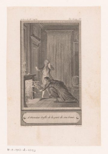 Interior with two men before a blazing hearth