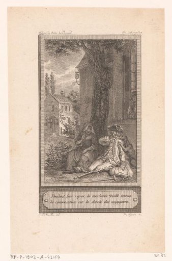Two figures eating with a dog, seated under a tree