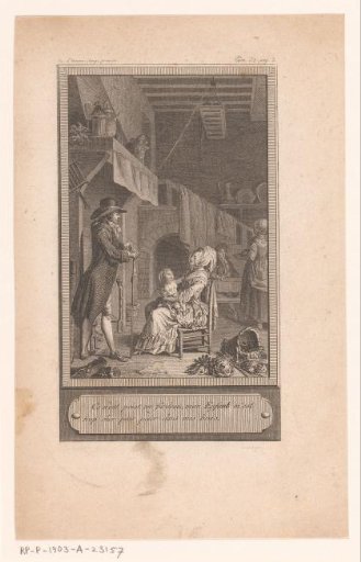 Tavern interior with a woman with a baby before a fireplace, a standing man before her