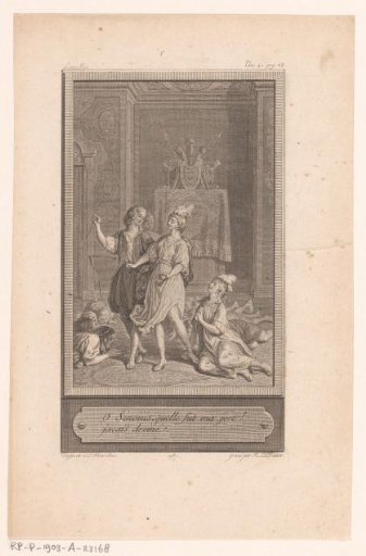 Two figures in an interior surrounded by kneeling figures
