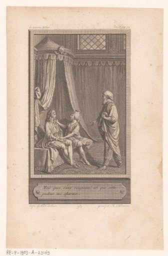 Man and woman on a canopy bed approached by an old man with a turban