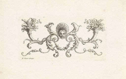Ornament with a mask surrounded by leafy vines, two horns with plants and flowers