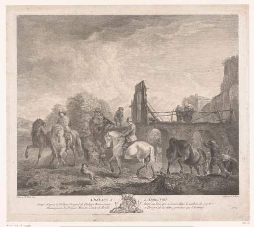 Horsemen and horses at a watering place