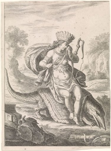 Female personification of America as a woman with a feather headdress and bow and arrow sitting on a caiman