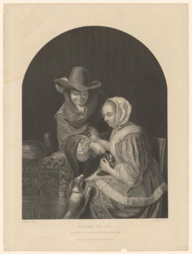 Man pulling the ear of a small dog sitting on a woman's lap