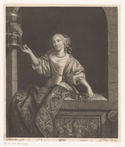 Girl in a Window Leading a Parrot
