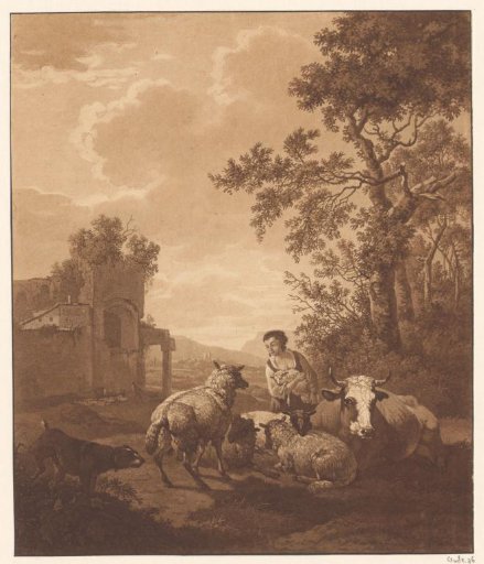 Landscape with a shepherdess holding a lamb in her arms