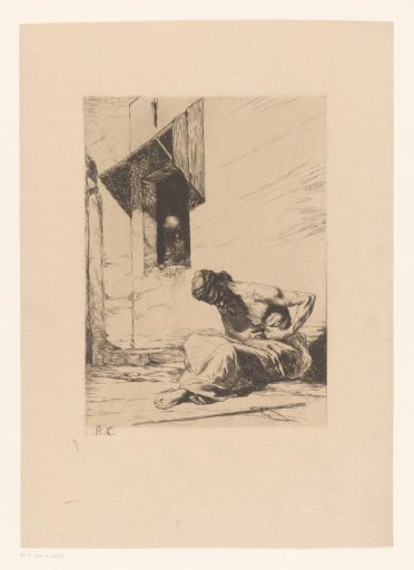 Seated beggar at an open window