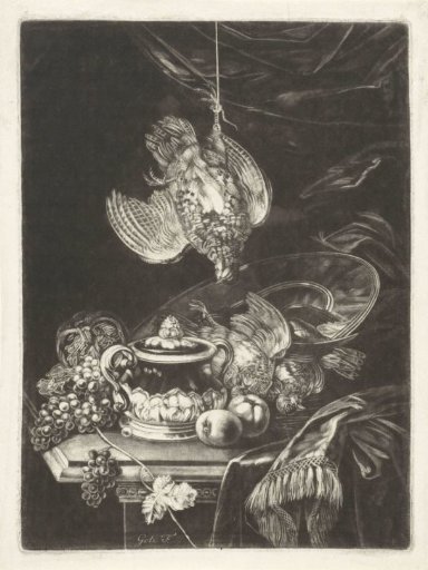 Still life with dead birds, fruit and tableware