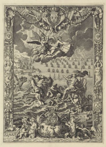 Neptune with tritons on a sea with ships
