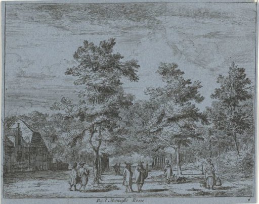 Walking figures on an avenue with trees