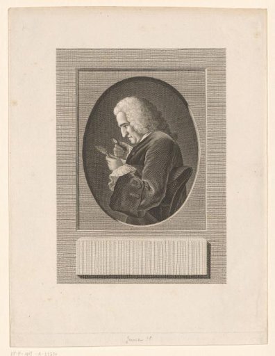 Portrait of the botanist Bernard de Jussieu, examining a plant with a magnifying glass