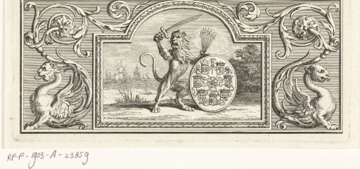 Dutch lion holding the coat of arms of the Seven Provinces