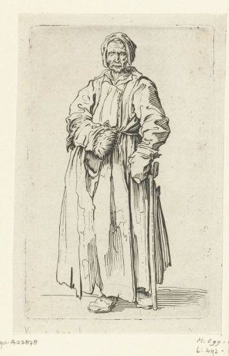 Female beggar with a muff and a staff