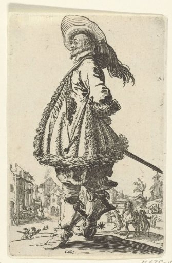 Horseman with plumed hat, seen from the left