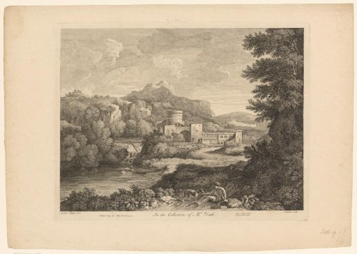 Hilly landscape with waterfall and resting man with dog