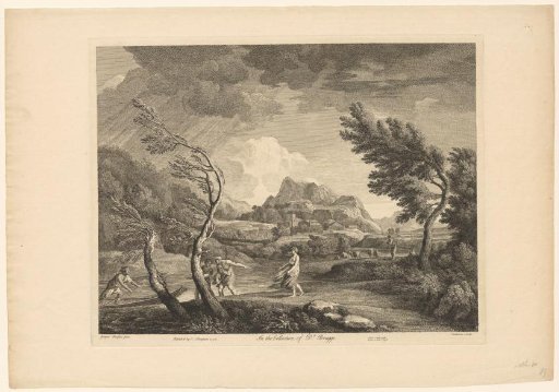 Hilly landscape with figures by a boat and a shepherd with goats