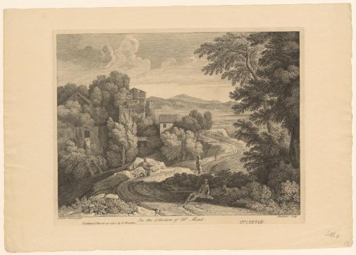 Hilly landscape with a resting traveler and a dog