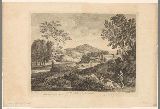 Hilly landscape with resting figures at the edge of a village