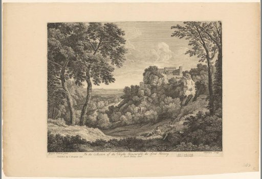 Hilly landscape with two resting figures and a castle