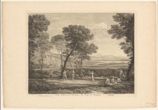 Hilly landscape with dancers and a view of a lake