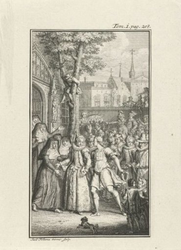 Woman in rich dress surrounded by a crowd of curious people