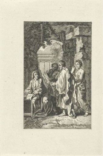 Three figures visiting a writer