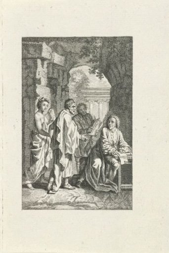 Three figures visiting a writer