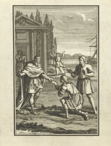 Telemachus kneels before Mentor