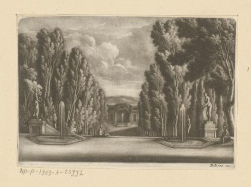 Garden with two fountains near a staircase