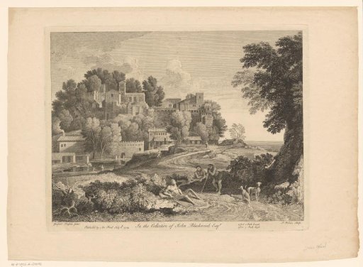 Landscape with town and three resting men with two dogs