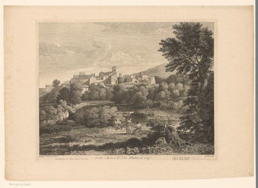 Landscape with town on a river and five figures on the bank