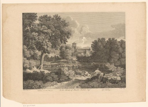 Landscape with church, flock of sheep and shepherds lying by a bank