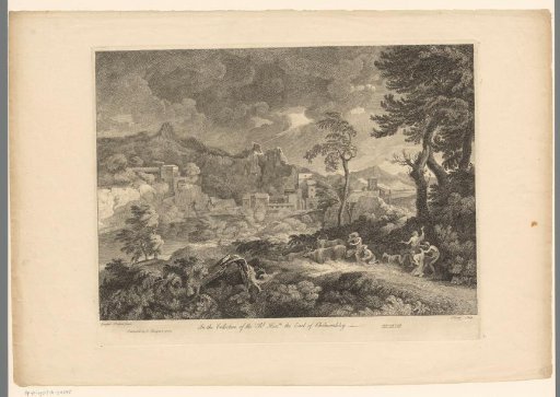 Landscape with shepherds and town on a river during a storm