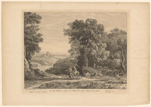 River landscape with shepherds and travellers with a donkey