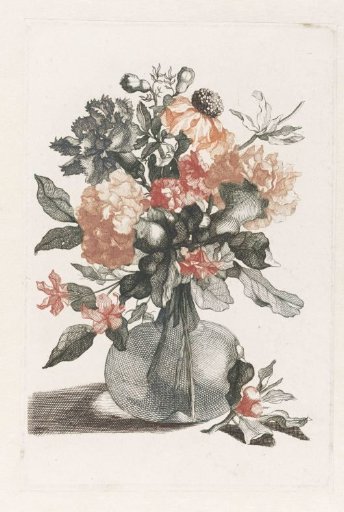 Glass Vase with Flowers and a Branch with Flowers in Front of the Vase