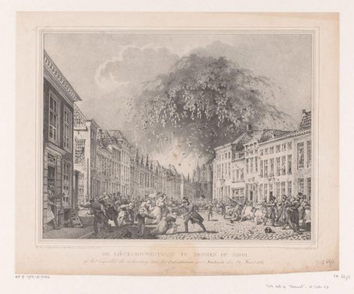 The Lievevrouwestraat in Bergen op Zoom, at the moment of the explosion of the Laboratory of General Stoelemat on 29 March 1831